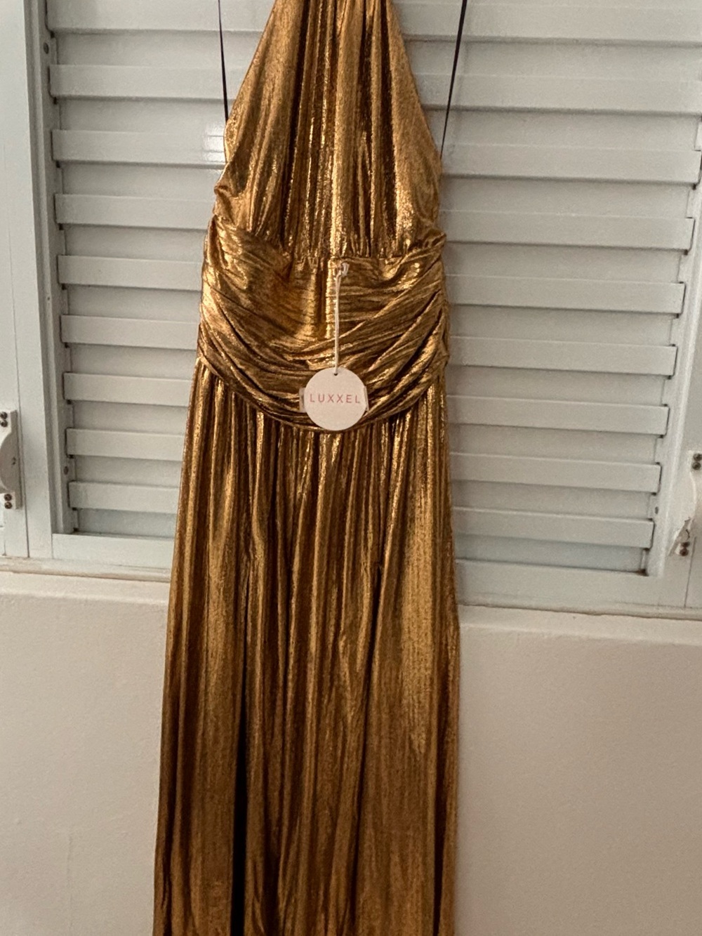 Luxxel Metallic Gold Backless Halter Gown